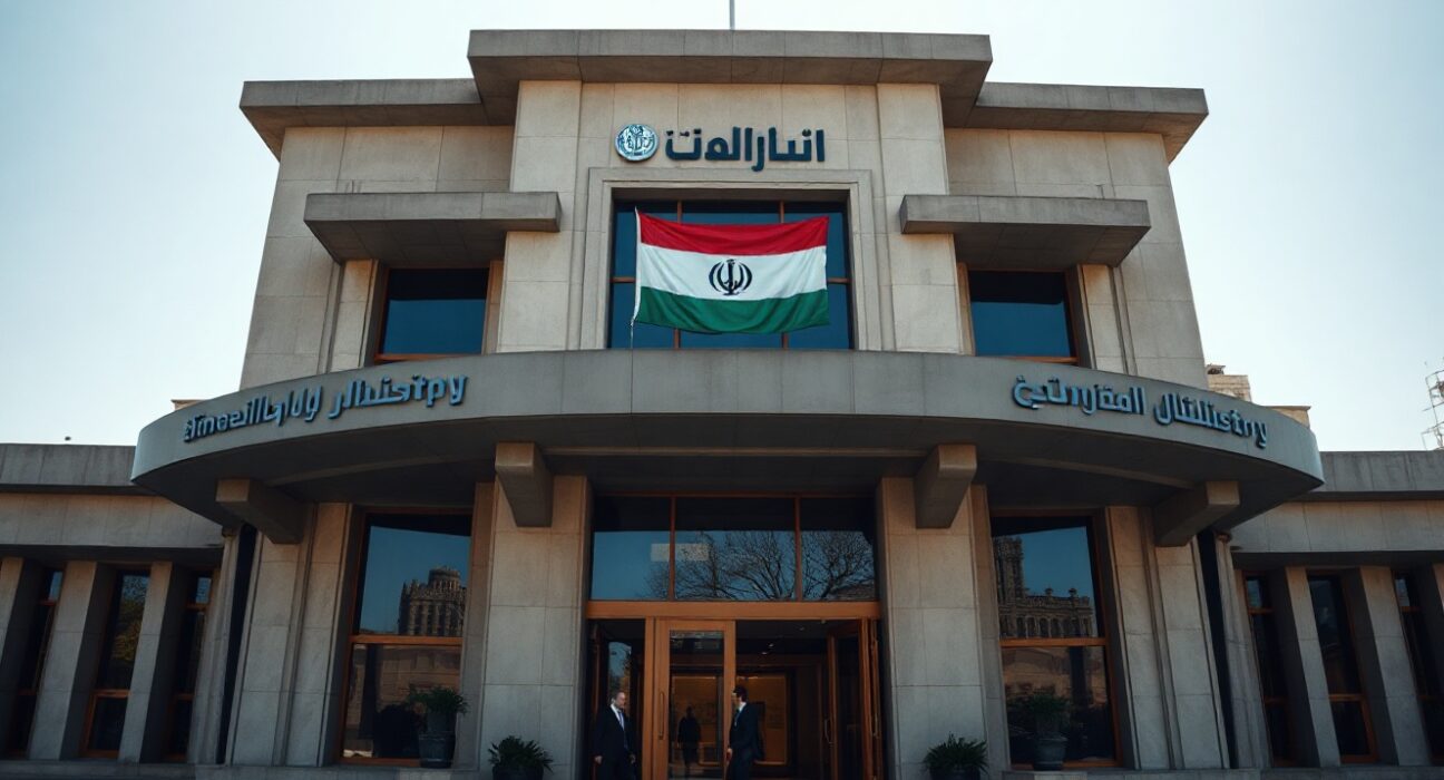 Iranian Foreign Ministry building in Tehran on a clear day with Iranian flag visible