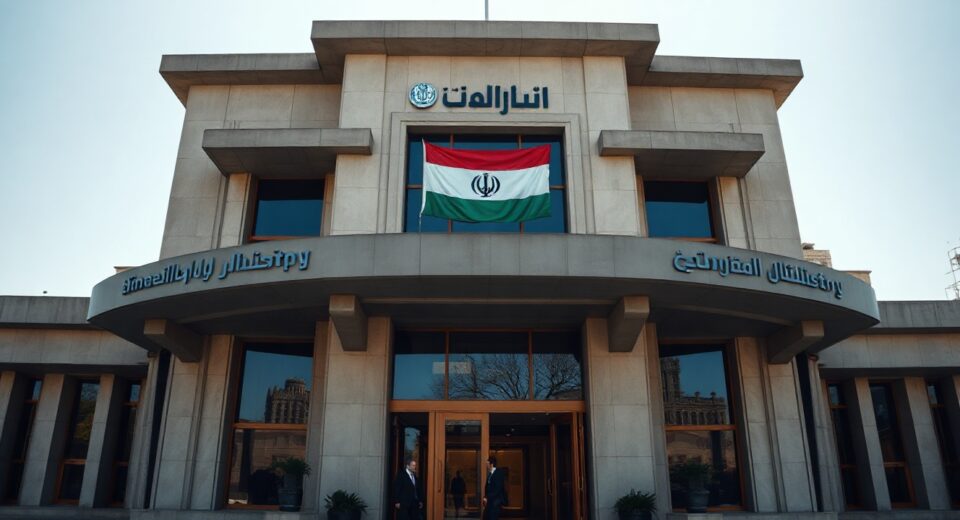 Iranian Foreign Ministry building in Tehran on a clear day with Iranian flag visible