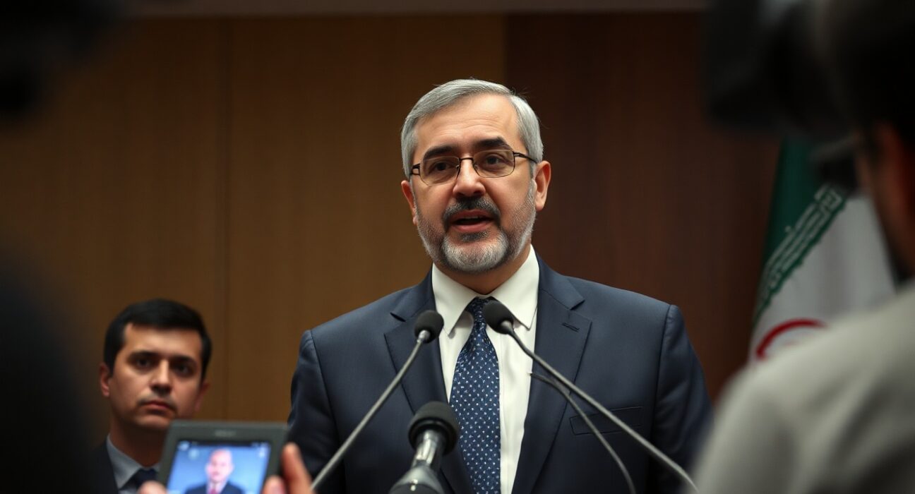 Iranian Foreign Minister Abbas Araghchi speaking at a press conference in Tehran.