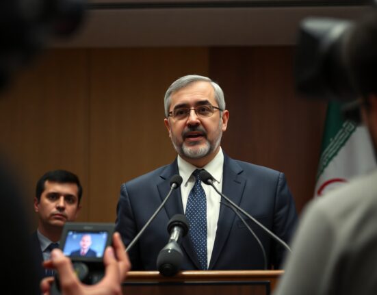 Iranian Foreign Minister Abbas Araghchi speaking at a press conference in Tehran.
