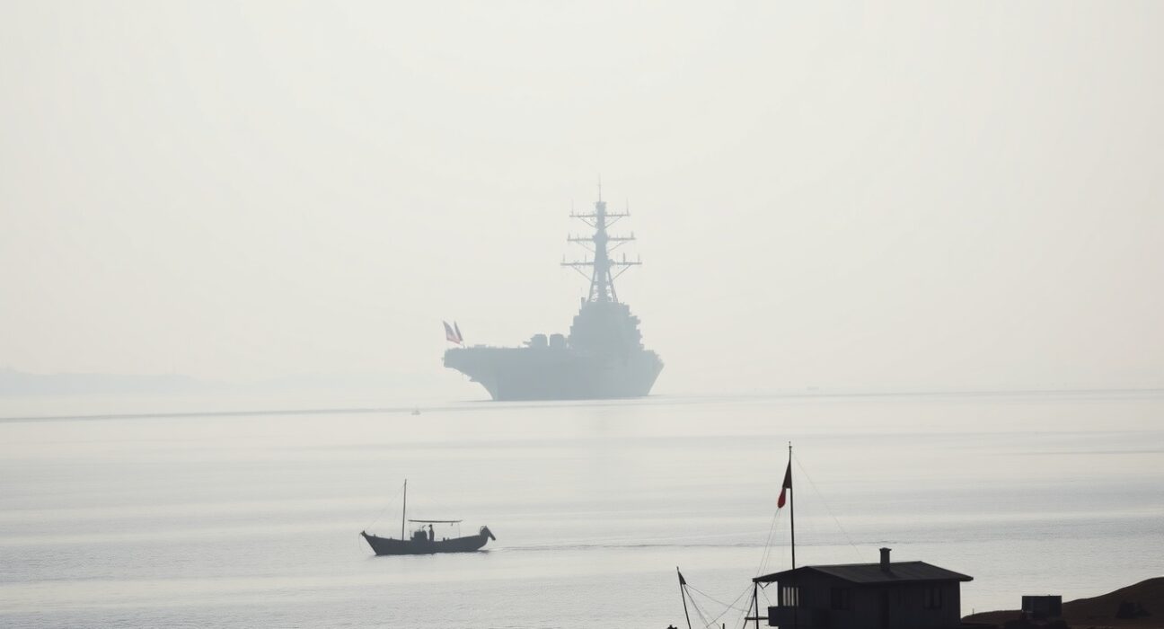 A US naval vessel in the Persian Gulf with an Iranian coastline in the foreground, illustrating regional military tensions.