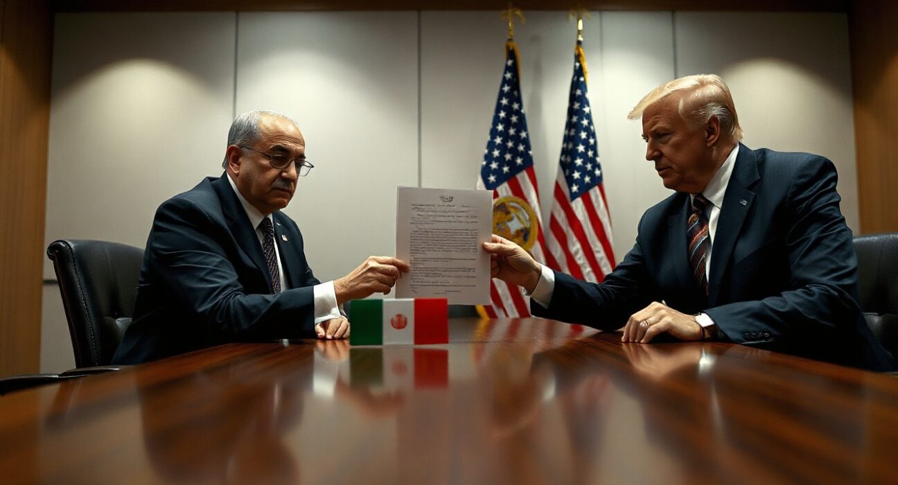 Iranian and US diplomats in a meeting room with a document on the table.