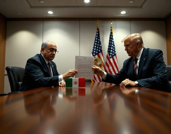 Iranian and US diplomats in a meeting room with a document on the table.