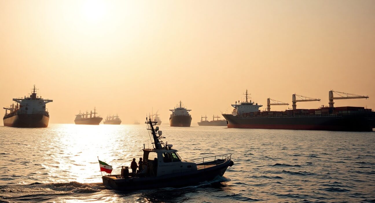 Wide-angle view of the Strait of Hormuz with oil tankers and a small Iranian patrol boat at golden hour.