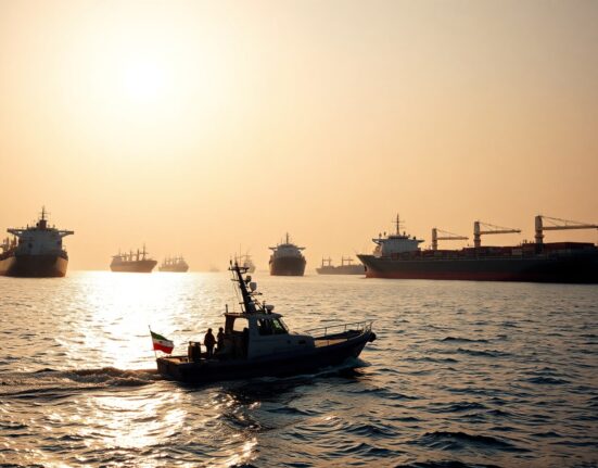 Wide-angle view of the Strait of Hormuz with oil tankers and a small Iranian patrol boat at golden hour.