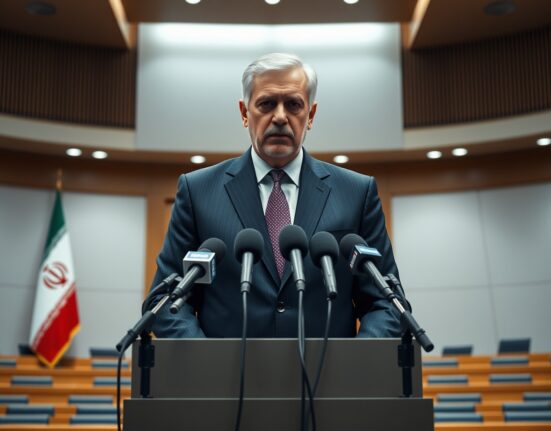 Iranian parliament speaker Mohammad Ghalibaf speaking at a press conference, warning of retaliation against US military action.