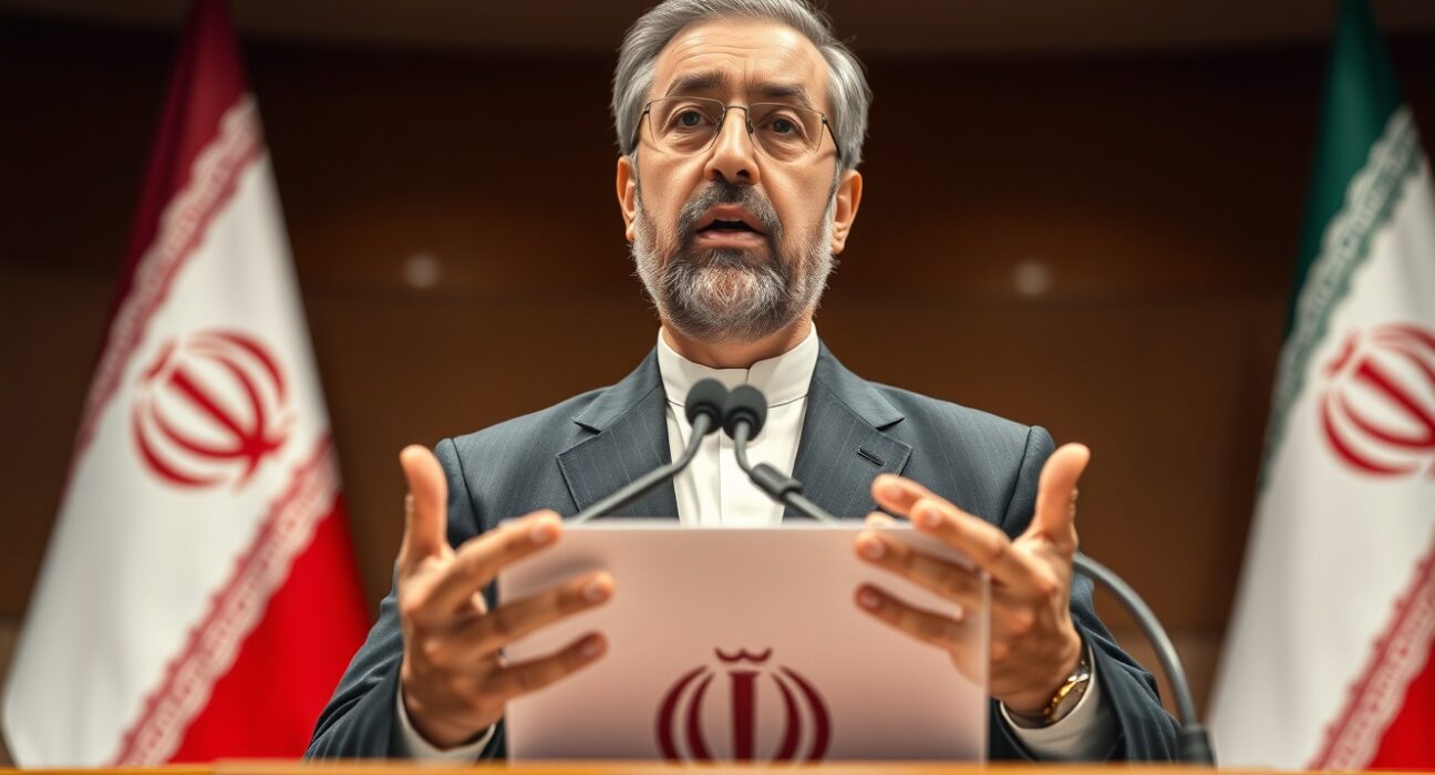 Iran Parliament Speaker Mohammad Bagher Ghalibaf speaking at a podium in parliament