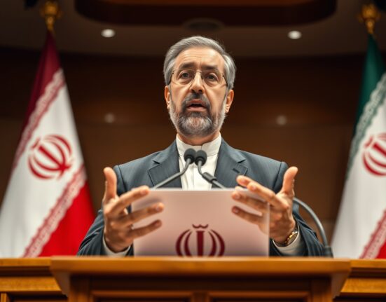 Iran Parliament Speaker Mohammad Bagher Ghalibaf speaking at a podium in parliament