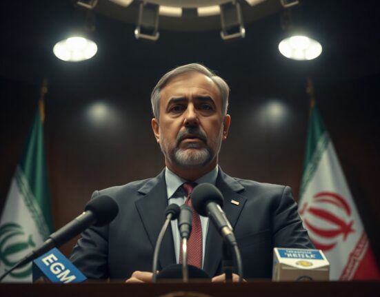 Iranian Parliament Speaker Mohammad Bagher Ghalibaf speaking at a press conference, accusing the US of violating the Lebanon ceasefire.