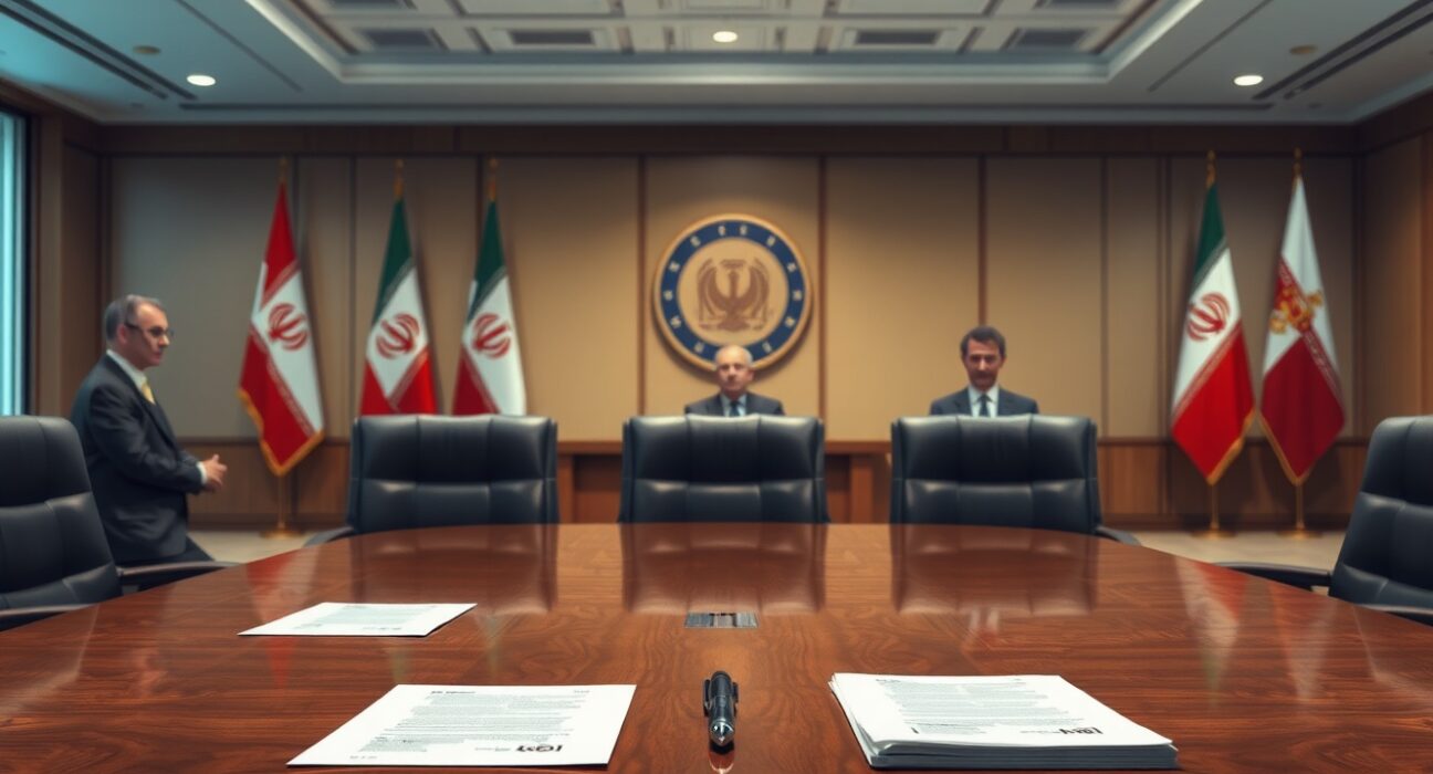 Diplomatic table with empty chairs symbolizing Iran's withdrawal from ceasefire negotiations with the US.