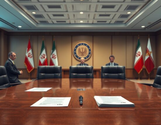 Diplomatic table with empty chairs symbolizing Iran's withdrawal from ceasefire negotiations with the US.