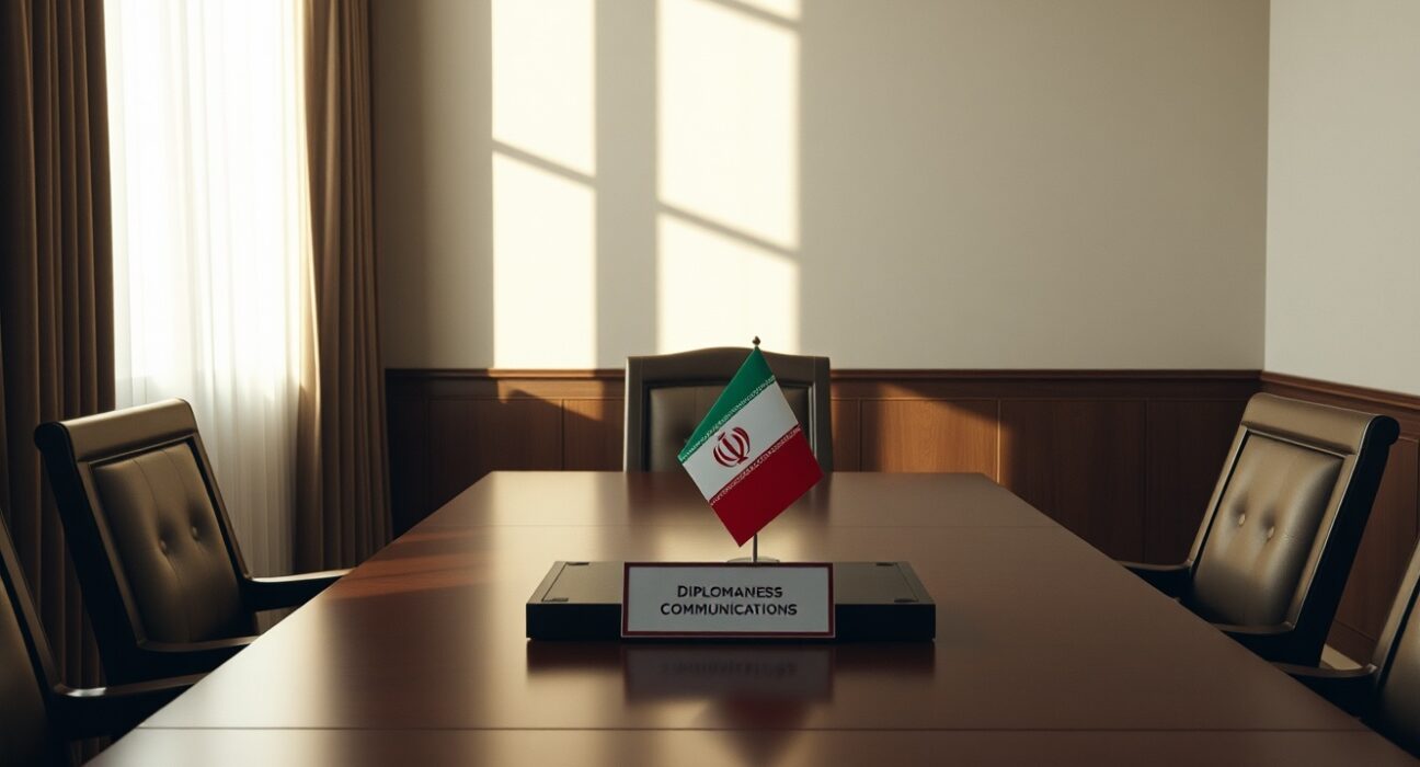 Empty diplomatic meeting room in Tehran with Iranian flag, symbolizing halted US-Iran talks after Lebanon attacks