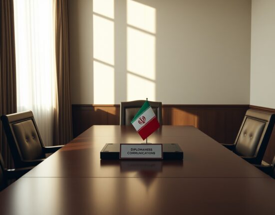 Empty diplomatic meeting room in Tehran with Iranian flag, symbolizing halted US-Iran talks after Lebanon attacks
