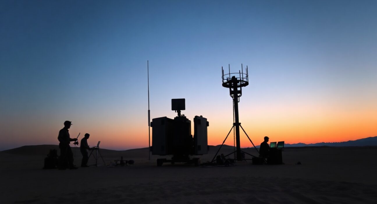 Iranian military radar installation in desert landscape at dusk