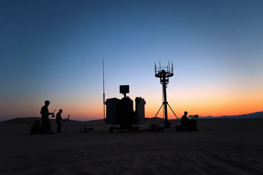 Iranian military radar installation in desert landscape at dusk