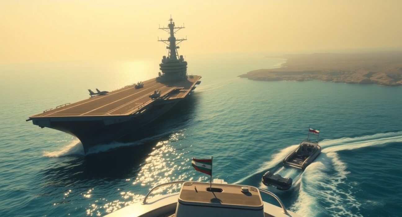 US Navy aircraft carrier in the Strait of Hormuz near Iranian coastal defenses amid no ceasefire threat