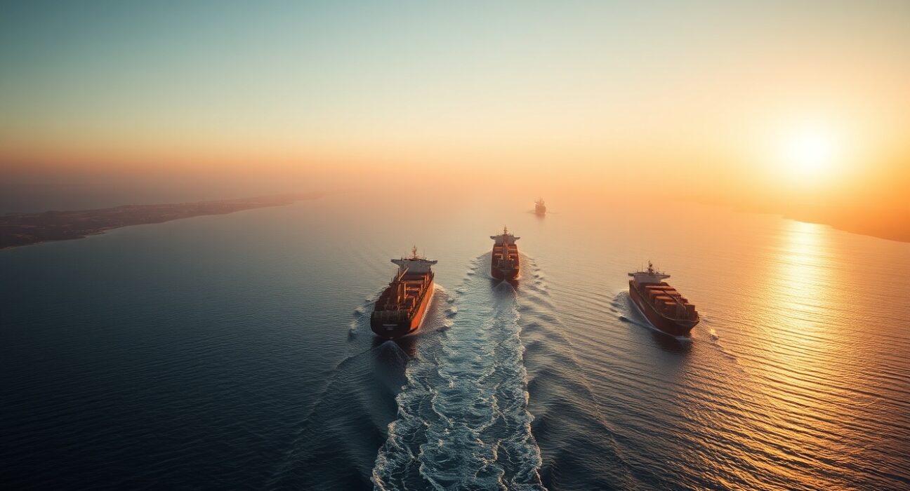 Oil tankers navigating the Strait of Hormuz at sunrise with Iranian coastline in the background