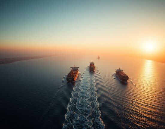 Oil tankers navigating the Strait of Hormuz at sunrise with Iranian coastline in the background