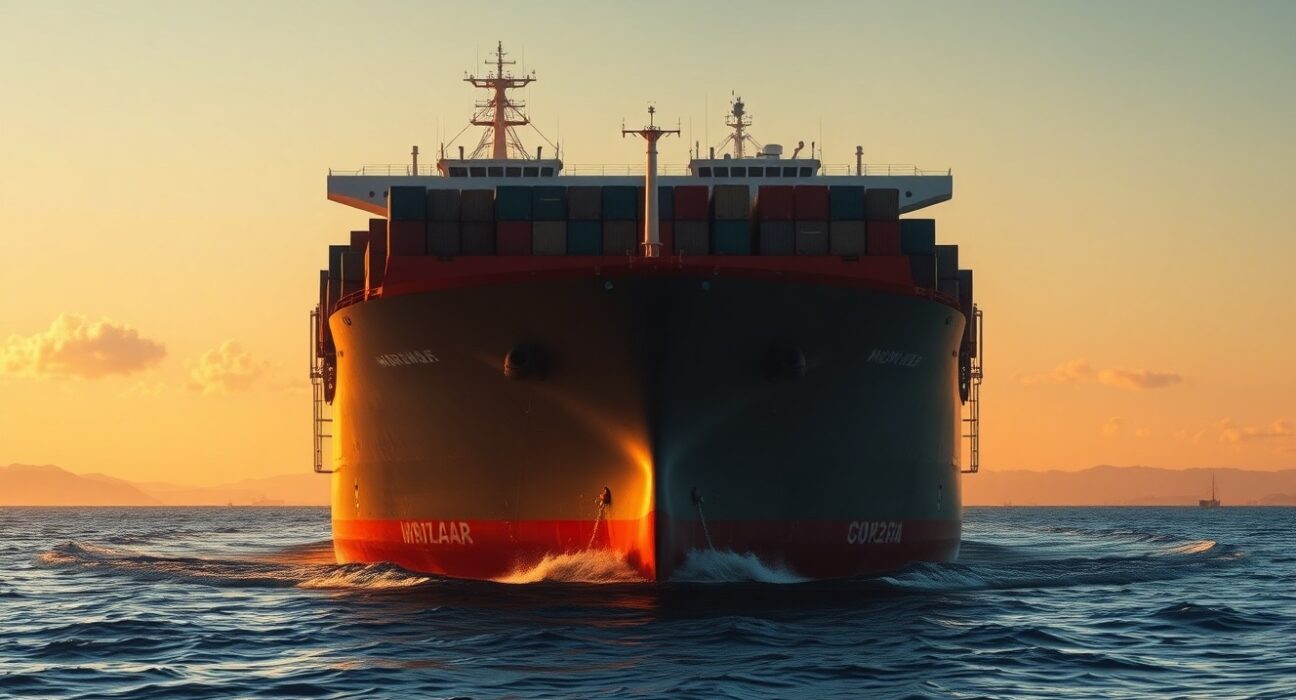 Cargo ship in Strait of Hormuz with Iran coastline in background at sunset