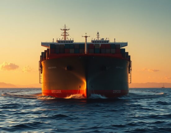 Cargo ship in Strait of Hormuz with Iran coastline in background at sunset