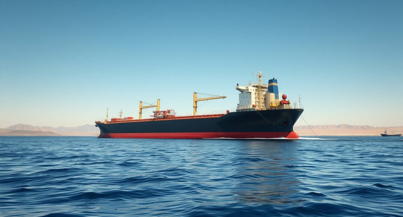 Oil tanker navigating the strategic Strait of Hormuz where Iran may impose cryptocurrency tolls.