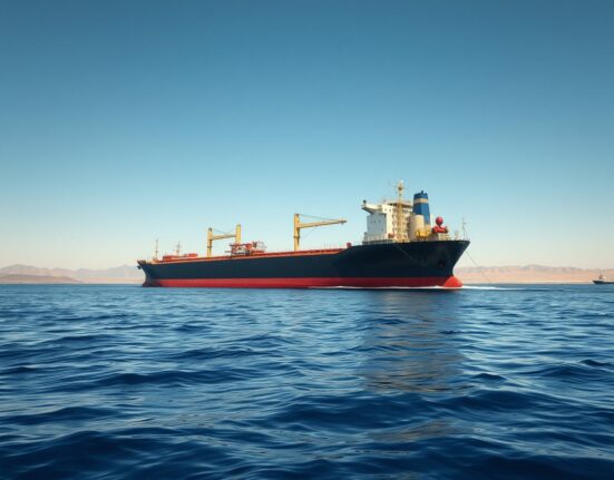 Oil tanker navigating the strategic Strait of Hormuz where Iran may impose cryptocurrency tolls.