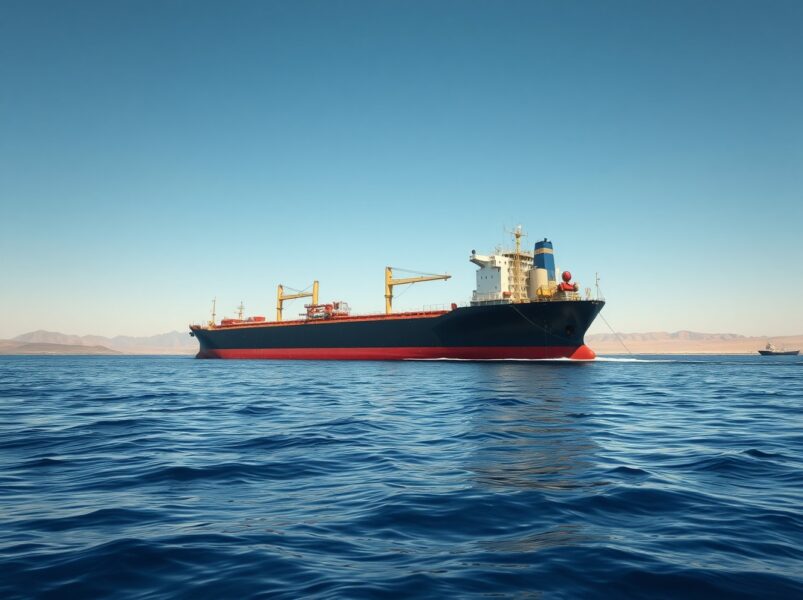 Oil tanker navigating the strategic Strait of Hormuz where Iran may impose cryptocurrency tolls.