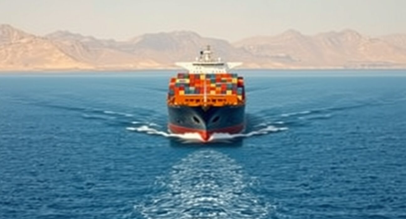 Commercial ship transiting the open Strait of Hormuz, a critical global oil shipping route.