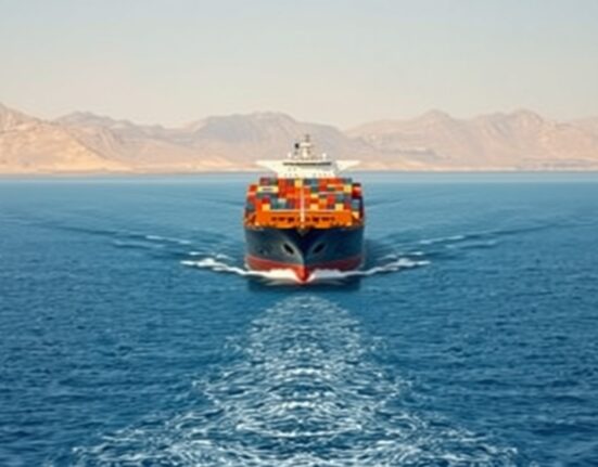 Commercial ship transiting the open Strait of Hormuz, a critical global oil shipping route.