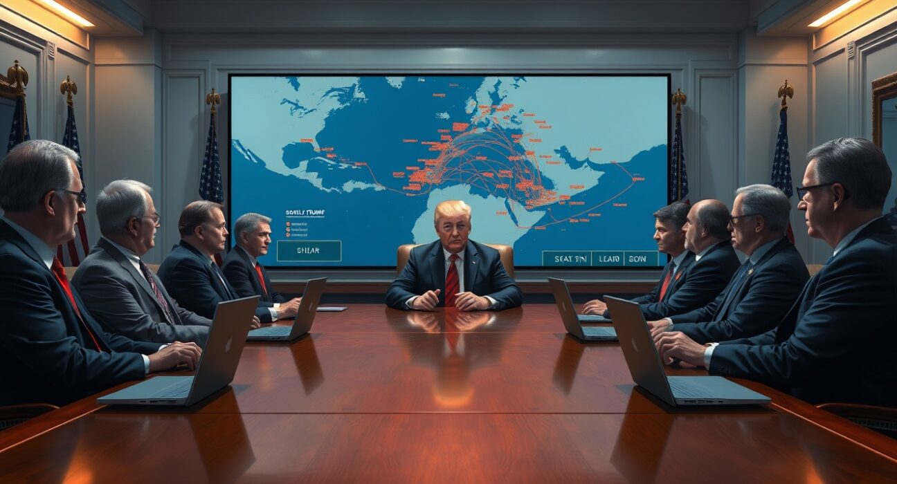 President Donald Trump discusses the Iran Hormuz Strait proposal with top aides in the White House Situation Room.