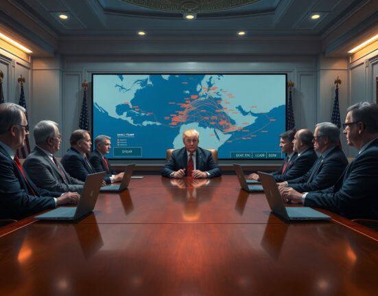 President Donald Trump discusses the Iran Hormuz Strait proposal with top aides in the White House Situation Room.