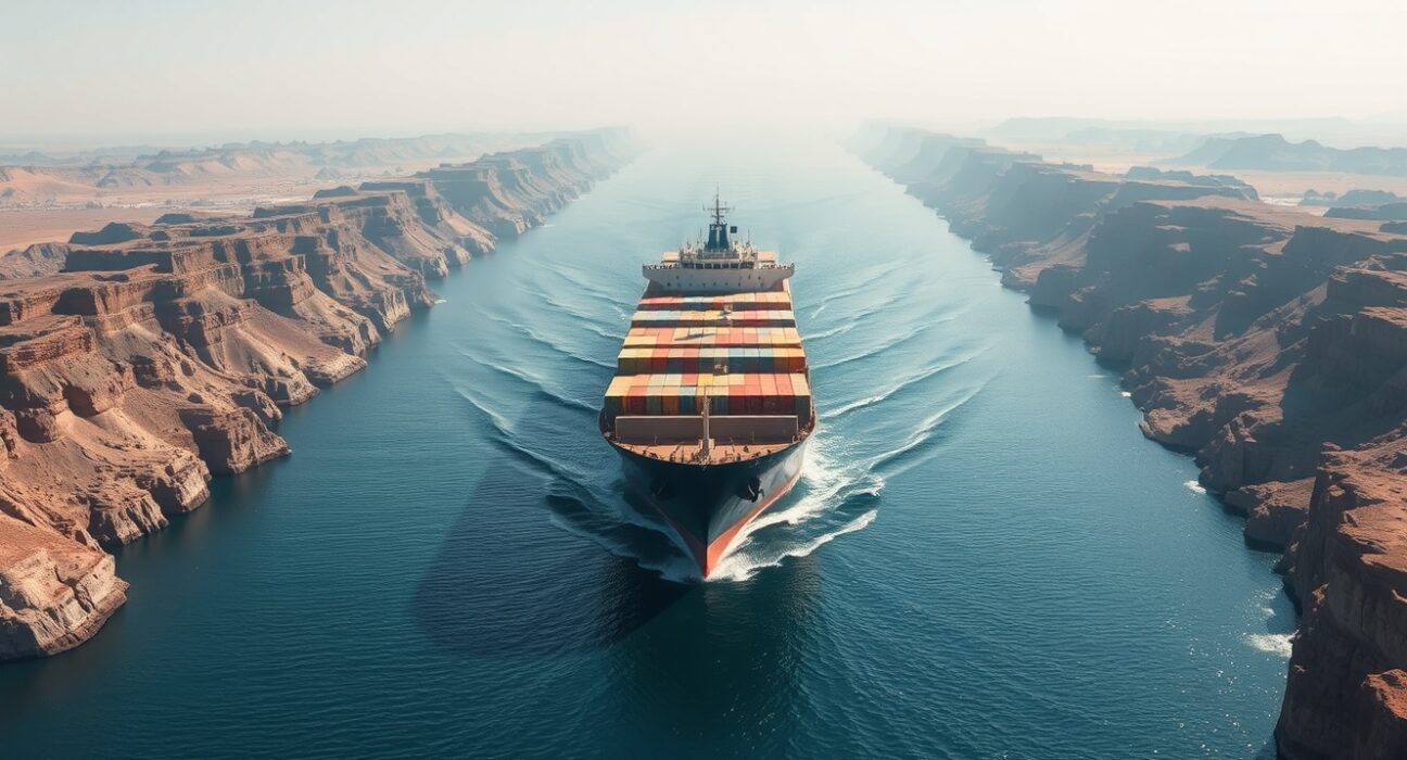 Container ship navigating the Strait of Hormuz, central to Iran Hormuz talks proposal