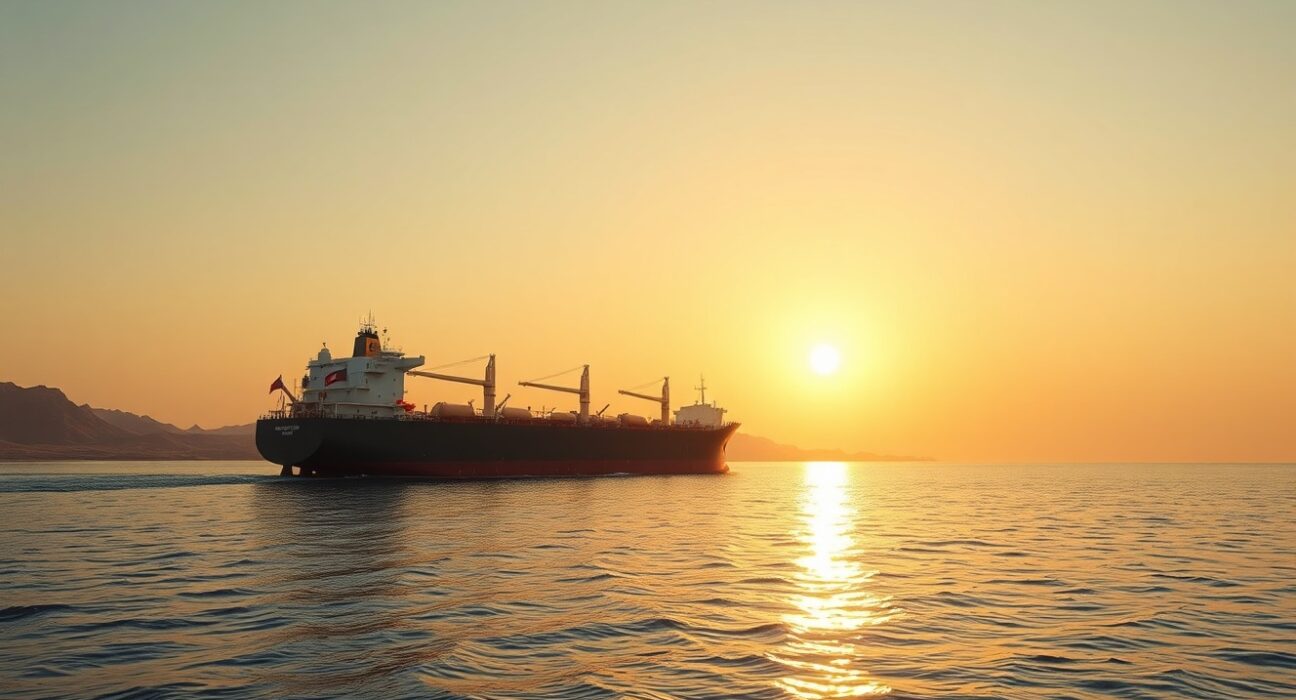Oil tanker in the Strait of Hormuz representing Iran's new shipping toll policy.