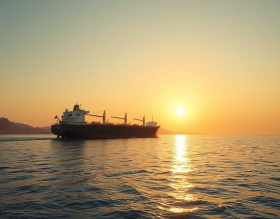 Oil tanker in the Strait of Hormuz representing Iran's new shipping toll policy.