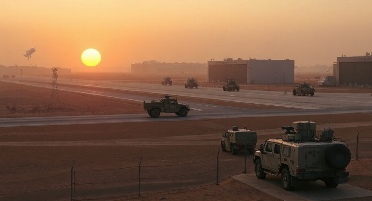 Aerial view of a military airbase in a desert region, with runways and defensive structures visible.