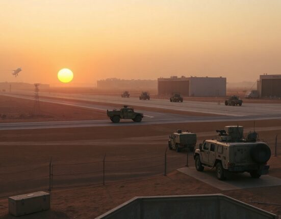 Aerial view of a military airbase in a desert region, with runways and defensive structures visible.