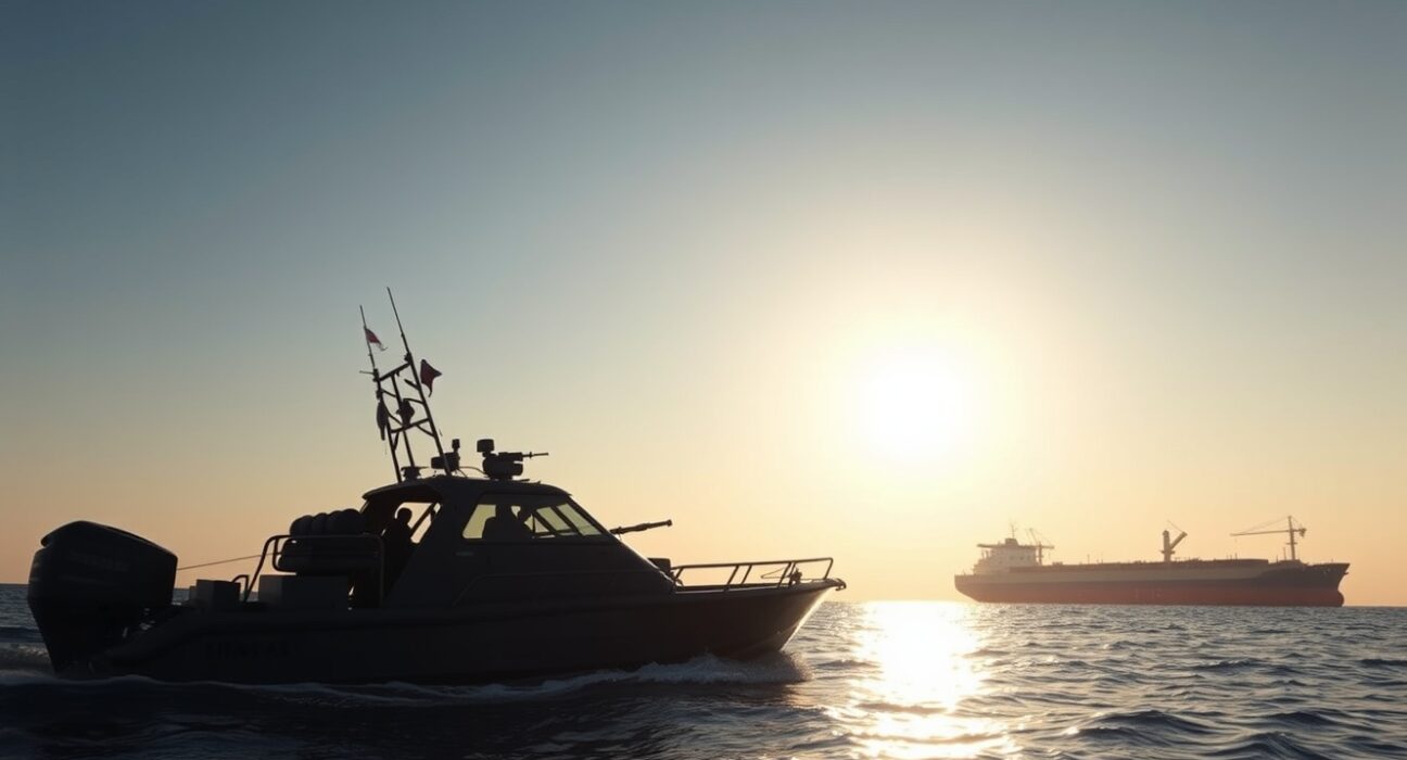 IRGC speedboat patrolling the Strait of Hormuz near an oil tanker at sunrise.
