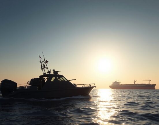 IRGC speedboat patrolling the Strait of Hormuz near an oil tanker at sunrise.