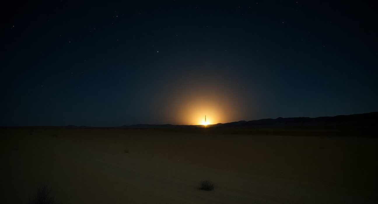 Nighttime desert landscape with a distant glow on the horizon, representing a missile launch or explosion.