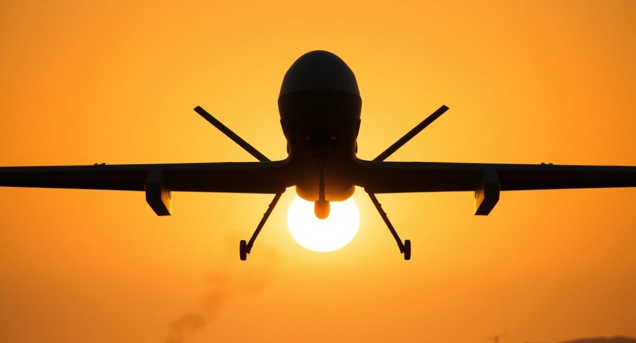 MQ-9 Reaper drone silhouette against sunset sky over coastal desert, with smoke trail suggesting a shootdown incident.