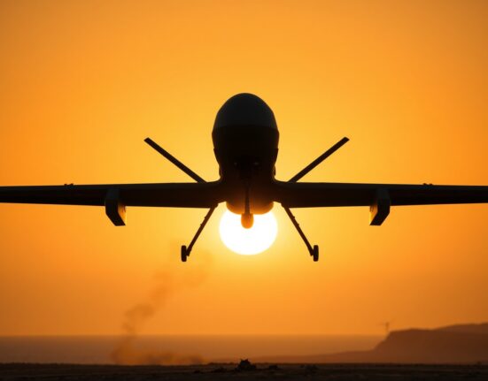 MQ-9 Reaper drone silhouette against sunset sky over coastal desert, with smoke trail suggesting a shootdown incident.