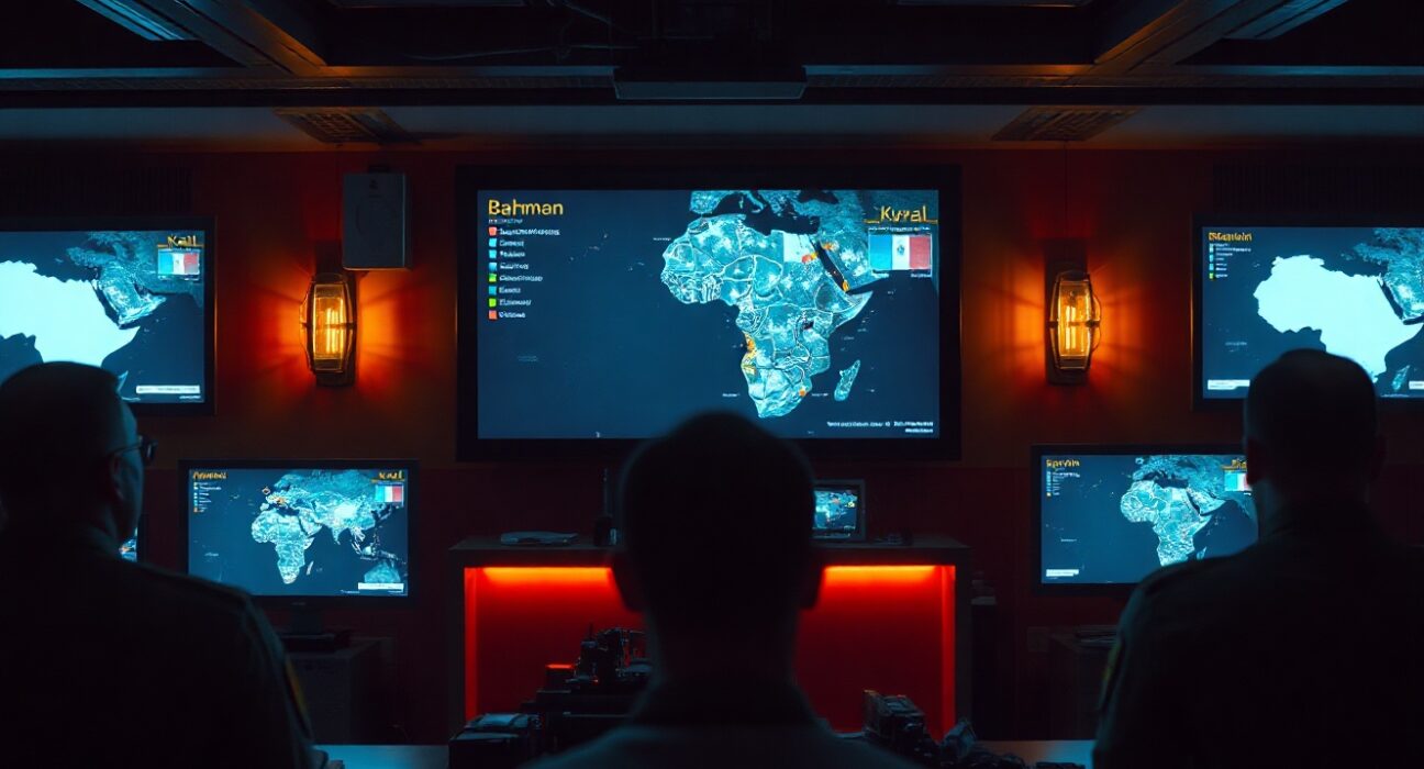 Military command center with screens showing maps of Bahrain and Kuwait during IRGC threat analysis
