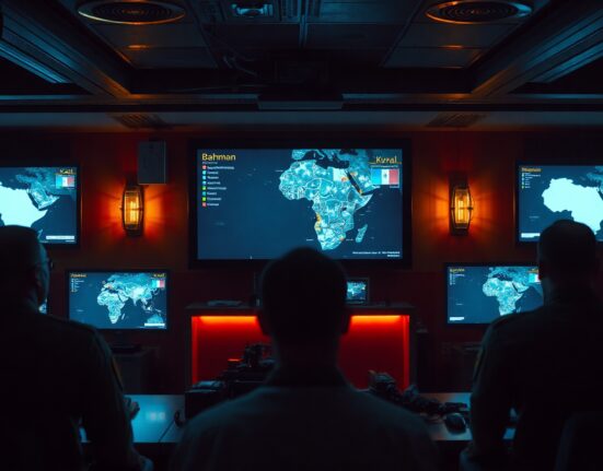Military command center with screens showing maps of Bahrain and Kuwait during IRGC threat analysis