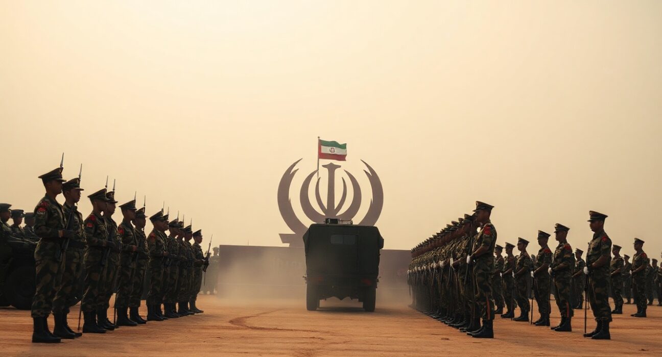 Iranian Revolutionary Guard personnel in formation at a military parade, representing the IRGC's readiness and warning of a crushing defeat.