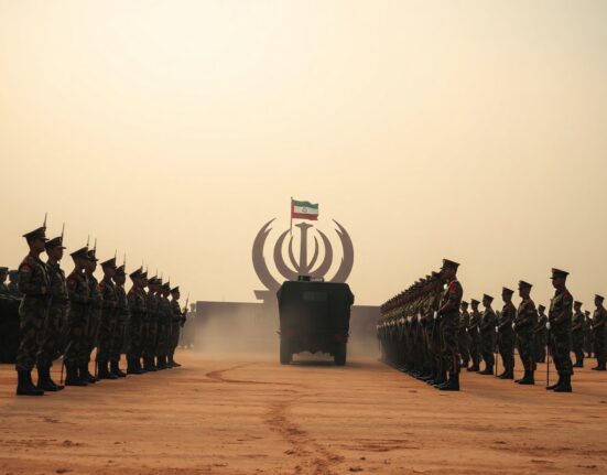 Iranian Revolutionary Guard personnel in formation at a military parade, representing the IRGC's readiness and warning of a crushing defeat.