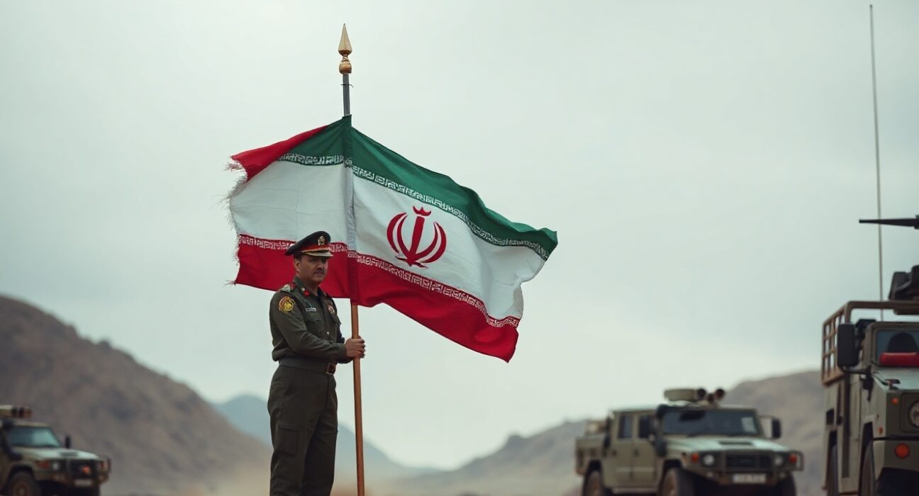 Iranian flag held by an IRGC member in a desert setting, symbolizing military readiness and tension.