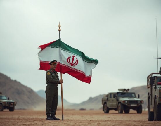 Iranian flag held by an IRGC member in a desert setting, symbolizing military readiness and tension.