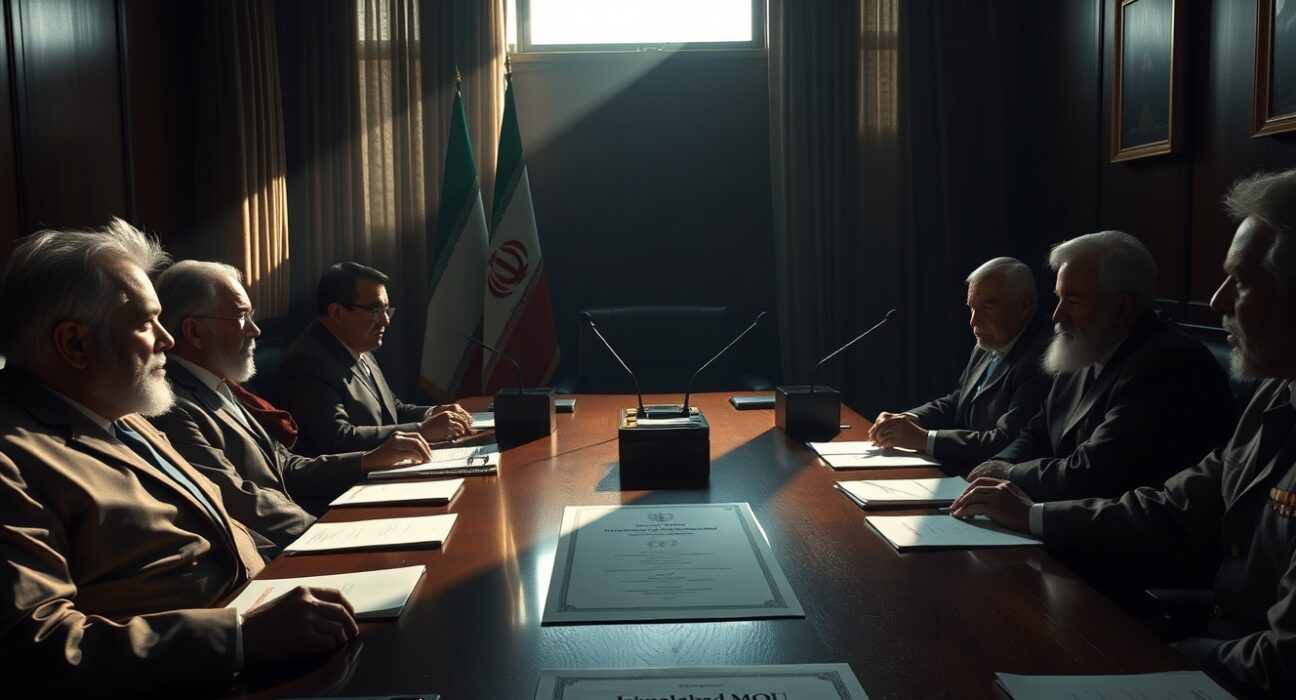Iranian officials in a meeting room discussing the termination of the Islamabad MOU.