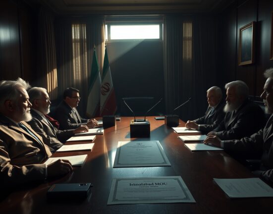 Iranian officials in a meeting room discussing the termination of the Islamabad MOU.