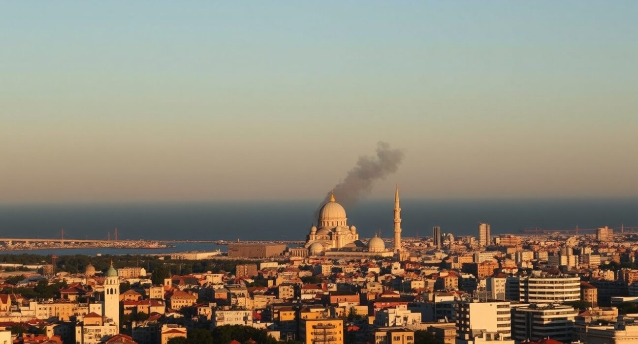 Aerial view of Beirut skyline at dusk following reported airstrike linked to Iran-Israel tensions.